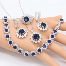 Necklace Earrings Set Blue Zircon Silver Color Costume Women With Stones Bracelets Pendant Rings Jewelry Gift Box