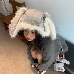 Berets Ins Cute Big Ears Plush Bomber Hats Scarf Integrated Autumn And Winter Outdoor Skiing Warm Imitation Fur Women's Caps