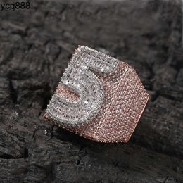 Luxury Square Custom Number Men Rings Full Diamond Gold Plated Hip Hop Single Letter Ring