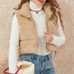 Women's Vests WPNAKS Women Corduroy Puffer Vest Sleeveless Jacket Autumn Winter Clothes Solid Colour Stand Collar Quilted Waistcoat Padded