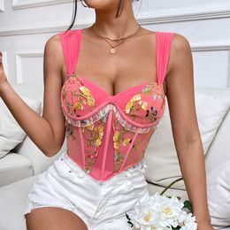 Women's Tanks Vintage Embroidery Corset with Lace Wood Ear Edge Sexy V-neck Wide Shoulder Strap Fishbone Corset Pink Corset Corset Top