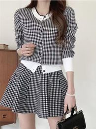 Work Dresses 2023 Spring Houndstooth Knitted Two Piece Set Women Long-sleeved Cardigan Coat Mini Skirt Sets Korean Elegant 2 Suit