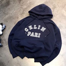 Autumnwinter Korean Edition Printing Letter Ce Correct Version Navy Blue Plush Hooded Couple Versatile Sweater