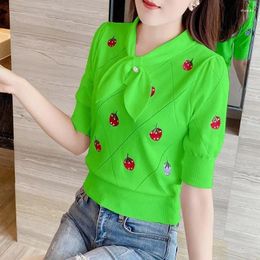 Women's T Shirts 2023 Summer Solid Colour Strawberry Embroidered Printing Knitting T-Shirts Women Bow Ice Silk Fabric Fashion Casual