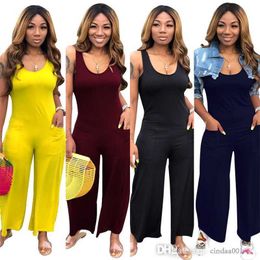 Plus Size Clothing Women Jumpsuits Casual Solid Colour Wide Leg Long Pants With Pockets Sexy Sleeveless Rompers Nightwear