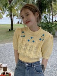 Women's Sweaters Sweet Cropped Pullovers For Women Embroidery Flower Pull Femme O-neck Puff Sleeve Tunic Knitted Sweater Jumper Y2k Tops