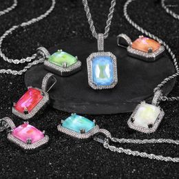 Chains Mens Iced Out Fluorescent Mocca Colours Gemstone Pendant Necklace Clear Stone Women Hip Hop Necklaces Gift For Him/Her