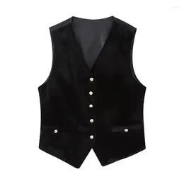 Women's Vests YENKYE High Street Women Black Sleeveless V Neck Patchwork Velvet Vest Chic Tops