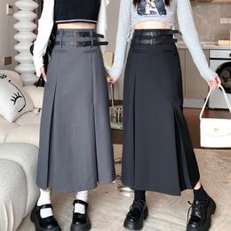 Skirts Korean Style High Waist Suit Long Skirt Women Elegant Double Belt Midi Woman Y2k Pleated Black Gray A Line Faldas Mujer 231123