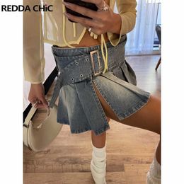 Skirts REDDACHiC Open Leg Belted Denim Wrap Pleated Skirt with Slit Women Mini Short Jean Skirt Low Waist Vintage Y2k 2000s Streetwear P230422