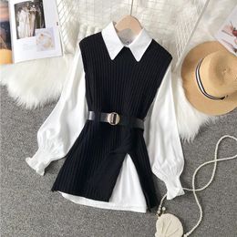 Work Dresses Autumn Winter Two Pieces Suits Simple White Long Sleeve Loose Blouse Vintage Knitted Split Vest Fashion Female Outfits