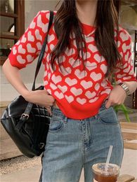 Women's Sweaters Alien Kitty Red Summer Patchwork Hearts Loose Short Sleeve Slim Fashion Casual Knitwear Pullovers Gentle Tees