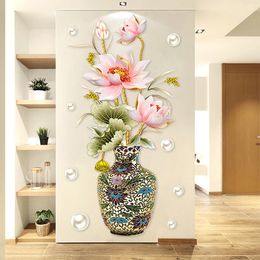 Wall Stickers Decorative Chinese Style Vintage Vase Sticker Lotus Flower Fish Decoration Art Removable Living Room Background Home Decor 230422