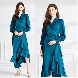 2023 Designer Silk Blue Wrap Maxi Dress Donna Lanterna Manica con scollo a V Cintura con fiocco laterale Wed Party Abiti eleganti Autunno Inverno Vacanza Slim Increspato Ruffles Frocks