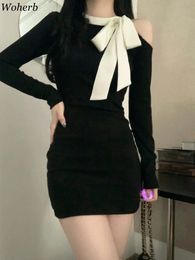 Basic Casual Dresses Woherb Off Shoulder Bow Laceup Neck Dress Women Sexy Black Long Sleeve Elegant Korean Fashion Female Bodycon Vestidos 231123