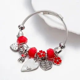 Charm Bracelets Design Stainless Steel Bangles Red Flower With Heart-Shape Bead For Women Pulseira Feminina Special Charms Jewellery