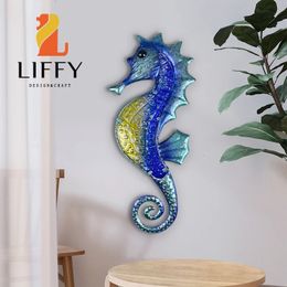 Garden Decorations Metal Seahorse Wall Decoration with Blue Glass for Home Garden Outdoor Animal Jardin Miniature Statues Sculptures 231122