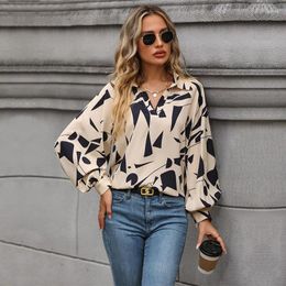 Women's Blouses Elegant Polo Collar Long Sleeve Printed Shirt 2023 Autumn/Winter Office Lady Pullover Blouse Women Top Clothing S-XL