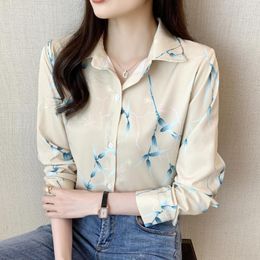 Womens Blouses 2023 Autumn Lone Sleeve Print Women Shirt Loose Office Ladies Blouse French Design Sense Small Bamboo Leaf Simple Commuting