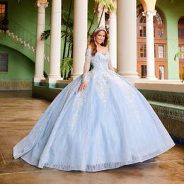 2024 Sky Blue Princess Quinceanera Dresses Off Shoulder Long sleeved Lace Appliques Corset Up Ball Gown Sweet 16 Birthday Vestidos De 15