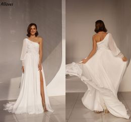 Flowing Chiffon A Line Wedding Dresses Glitter Sequined Appliques One Shoulder Long Sleeved Bride Gowns Summer Beach Thigh SPlit Sexy Robes de Mariee Simple CL2967