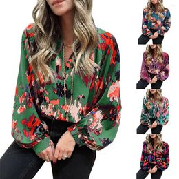 Women's Blouses Summer Woman Printed Fluffy Sleeve Shirts Female V-neck Slim Chiffon Shirt Elegant Top