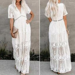 Casual Dresses Summer Boho Women Maxi Dress Loose Embroidery White Lace Long Tunic Beach Vacation For 2023 Evening