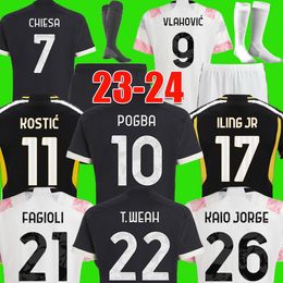 T.WEAH 23 24 Juventus camisas de futebol VLAHOVIC 2023 2024 POGBA CHIESA KAIO JORGE ILING Jr FAGIOLI camisa de futebol kit terceiro 3º jersey masculino conjunto infantil meias uniformes maglia