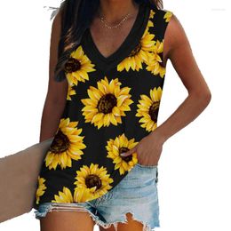 Women's T Shirts 2023 Summer Sunflowers Print For Women Girls Spring Sleeveless V Neck Casual Loose Blouse Shirt Ladies Tank Tops