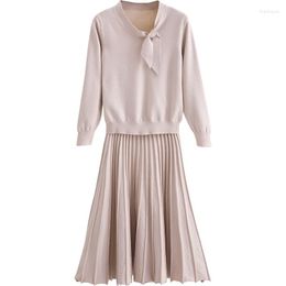 Women's Two Piece Pants Spring Autumn Women's 2 Sets Trendy OL Slim Female Knitted Pleated Skirts Suits Casual Lady Clothing Bow Mujer