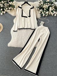 Women's Two Piece Pants SINGREINY Casual Knit Set Women Long Sleeve V Neck Cardigan Elastic Waist Elegant Winter OL Sweater Suit