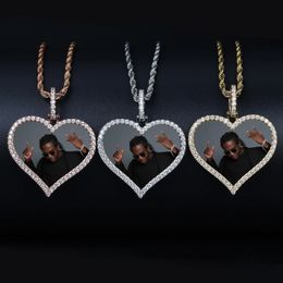 Pendant Necklaces TOP Custom Made Po Heart Medallions Necklace With 4mm Tennis Chain AAA Cubic Zircon Men's Hip Hop Jewellery 231123