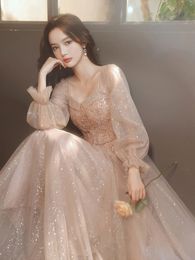 Party Dresses French Style Square Collar Long Sleeve Evening Dress Beading Sequined Prom Lace Up Tulle Wedding Gowns 230422