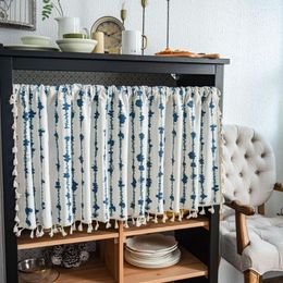 Curtain Kitchen Short Curtains Blue Striped Printing Dustproof Cotton Linen Tassel Wine Cabinet Door Cafe Window