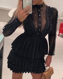 Casual Dresses 2023 Patchwork Mock Neck Sheer Mesh Insert Ruffles Buttoned Dress Long Sleeve Sexy Formal