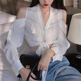 Women's Blouses Sexy Women 2023 Blusas Mujer De Moda V-neck Long Sleeve Off Shoulder Shirt Bandage Tunic Crop Tops Summer White Blouse