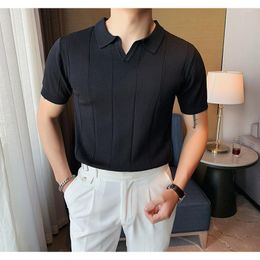 Men's Polos Vintage Ice Silk Mens Knit Polo Shirt Casual Short Sleeve V-Neck Tshirt Top 2023 Spring Summer For Men Business Tee Clothing