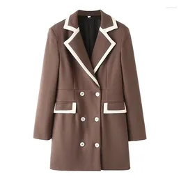 Women's Suits Tweed Blazer 2023 Casual Autumn Clash Double Breasted Suit Long Sleeve Splicing Jacket Slim Fashion Coat