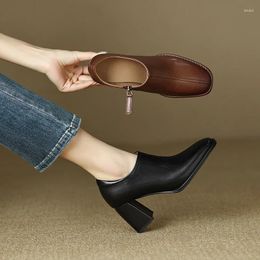 Dress Shoes 2023 Spring And Autumn Square Head Retro Casual Soft Leather Single Thick Heel Zipper Deep Mouth High Women's Sho