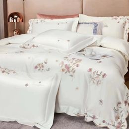 Bedding sets White Pink Grey Luxury 1000TC Egyptian Cotton Flowers Embroidery Set Duvet Cover Flat Fitted Bed Sheet Pillowcases 231122