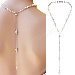 Korean Romance Imitation Pearl Clavicle Chain Necklace Back Chain For Women Sexy Long Tassel Pendant Body Chain Wedding Accessory