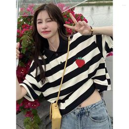 Women's Polos Striped Blue Strawberry Embroidery Crop Top Tshirt Women Japanese Retro Polo Collar Loose Tide Brand Couple Korean Casual 2023