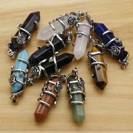 Pendant Necklaces Natural High Quality Stone Pillar Hexagon Rose Round Column Fashion Necklace Charms Accessories Wholesale Jewelry 6Pcs