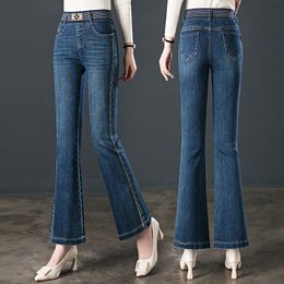 Women's Jeans Blue Denim Flared Pant's Highwaisted Thin Wideleg Pants Elastic Waist High Long Baggy Print 230422
