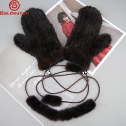 Fingerless Gloves Women 100 Real Genuine Knitted Mink Fur Mittens Winter Warm Lady Fashion Handmade Knit Mitten 231122