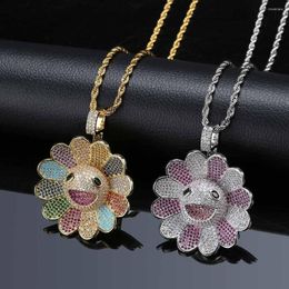 Pendant Necklaces Copper Sunflower Solid Zircon Colorful Flowers Rotatable Hip Hop Fashion Necklace Accessories