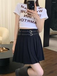 Skirts Grey Black Mini Skirt With Belt Kawaii Jk Uniform High School Fashion Women Pleated Y2k Cloth Summer Korean 2023 Harajuku