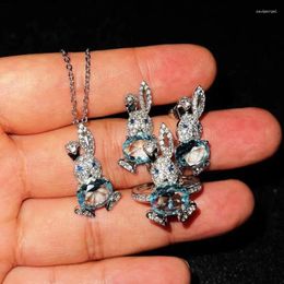 Necklace Earrings Set 2023 Trendy Shiny Blue Zircon Pendant Necklaces Rings For Women Jewelry Romantic Girl Birthday Gifts