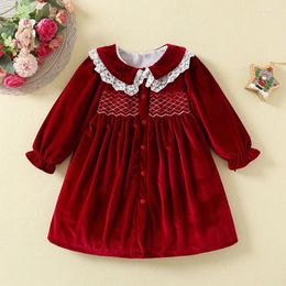 Girl Dresses Girls Autumn Winter Warm Pleuche Smocked Dress Children Long Sleeve Embroidered Princess Red For Christmas Year Party