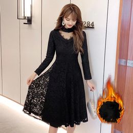 Casual Dresses 2023Winter Black Dress Stand Collor Lace Crochet Slim Fit Warm Velvet Elegant Midi Party Cultivating Vestidos Plus Size4XL